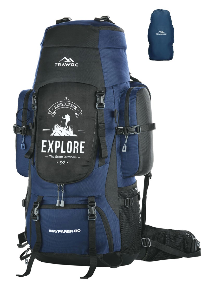 TRAWOC WAYFARER 80L Camping Hiking Trekking Bag Travel Rucksack for Men & Women with Rain Cover/Shoe Compartment BHK004 3 Year Warranty (Navyblue Black) - Image 1