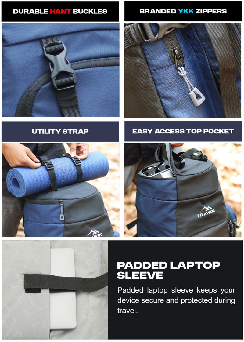 TRAWOC WAYFARER 80L Camping Hiking Trekking Bag Travel Rucksack for Men & Women with Rain Cover/Shoe Compartment BHK004 3 Year Warranty (Navyblue Black) - Image 4