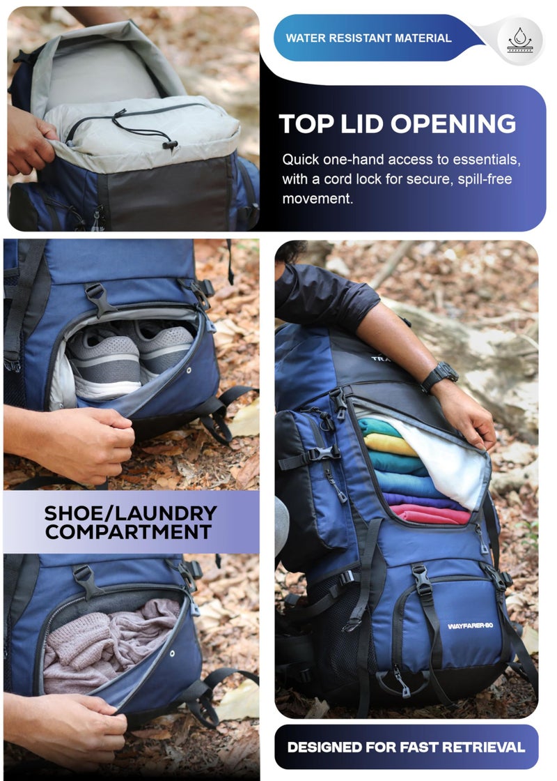 TRAWOC WAYFARER 80L Camping Hiking Trekking Bag Travel Rucksack for Men & Women with Rain Cover/Shoe Compartment BHK004 3 Year Warranty (Navyblue Black) - Image 2