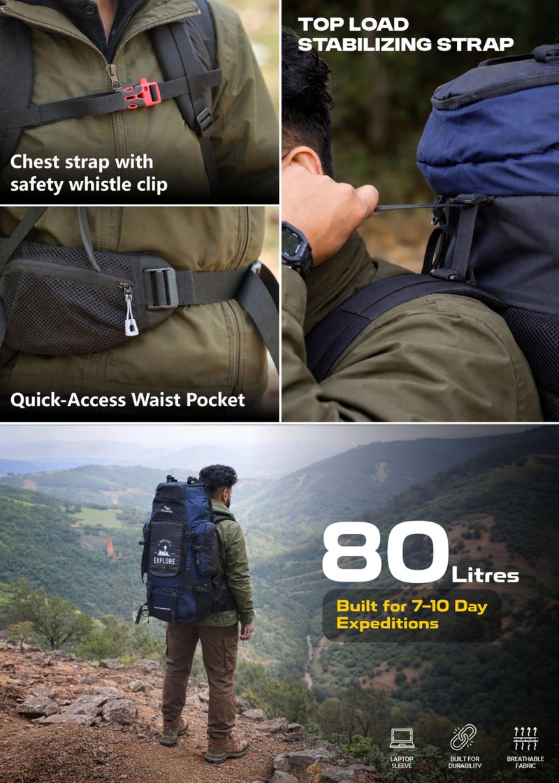 TRAWOC WAYFARER 80L Camping Hiking Trekking Bag Travel Rucksack for Men & Women with Rain Cover/Shoe Compartment BHK004 3 Year Warranty (Navyblue Black) - Image 5