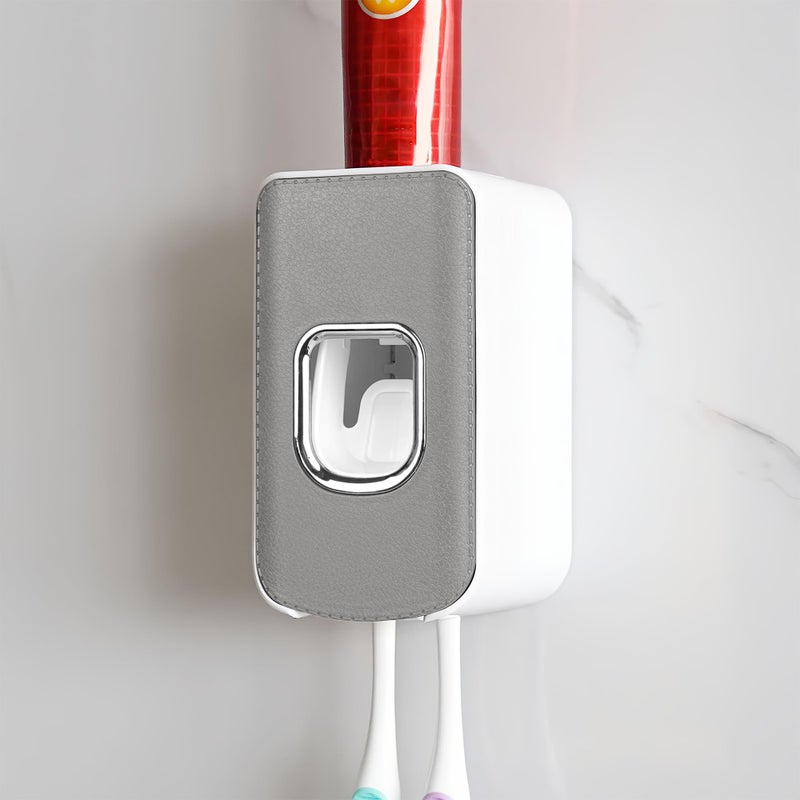 LUEXBOX 2 Slot Plastic Toothbrush Holder and Toothpaste Dispenser Wall Mounted, Automatic Toothpaste Squeezer, 2 in 1 Tooth Brush Toothpaste Organizer for Shower (Grey) - Image 1