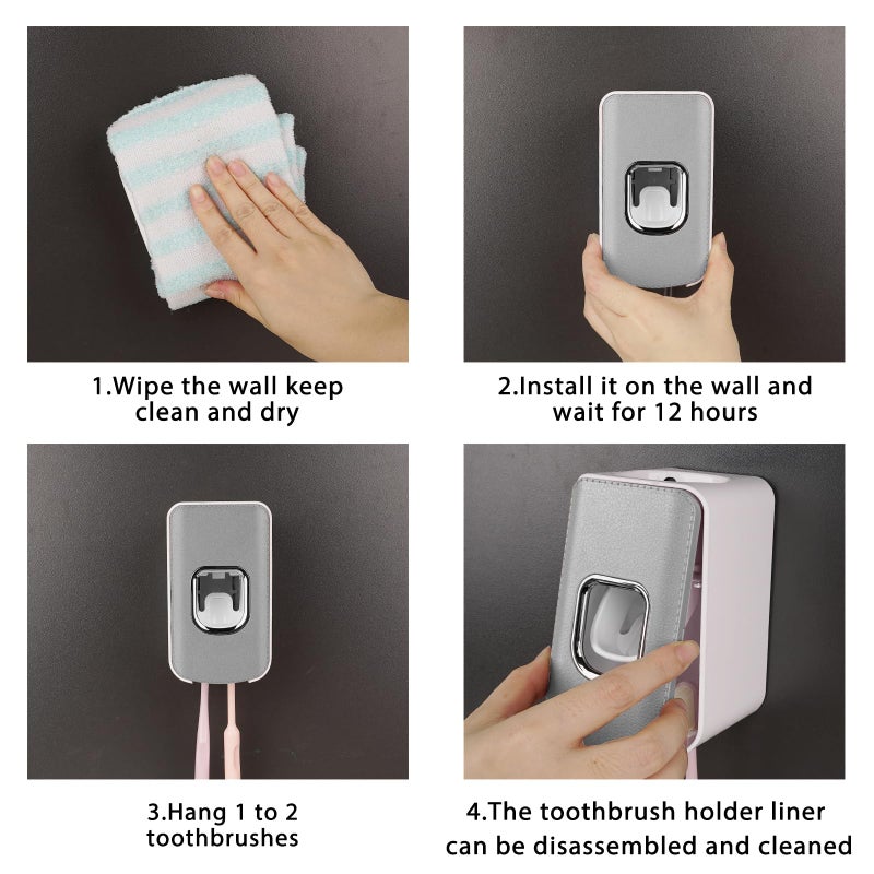 LUEXBOX 2 Slot Plastic Toothbrush Holder and Toothpaste Dispenser Wall Mounted, Automatic Toothpaste Squeezer, 2 in 1 Tooth Brush Toothpaste Organizer for Shower (Grey) - Image 5