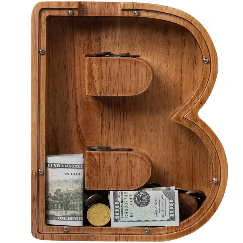 ladenk 12 Inch Extra Large Wooden Kids Letter Piggy Bank Piggy Bank for Boys Girls Initial B Bank Alphabet Money Bank for Birthday