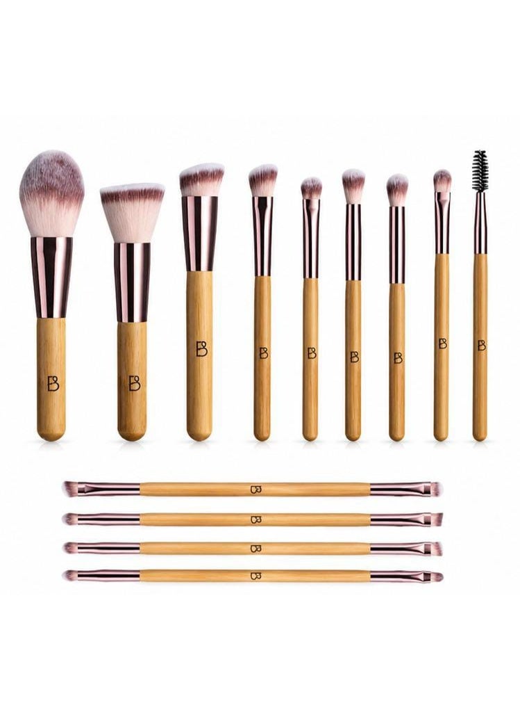BS Mall BS-MALL Travel Makeup Brush Set Bamboo Brushes Foundation Powder Concealers Eye Shadows Makeup Set with Mirror Case 14 Pcs - Image 2
