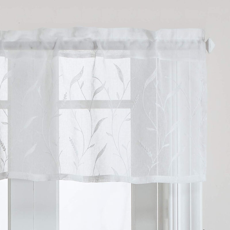 VOGOL White Rod Pocket Sheer Valance Solid Window Treatment Kitchen Curtains Valances for Windows Embroidered Curtain Panels for Bedroom 52 x 18 Inch 1 Panel Tassels
