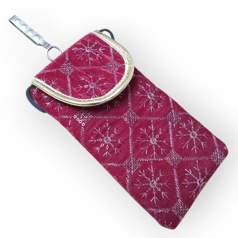SUMERA WARQ Velvet Mobile Phone Pouch, Snowflake Embroidered Pattern, Multicolor with Gold Trim, Sling and Clip (Pink) - Image 1
