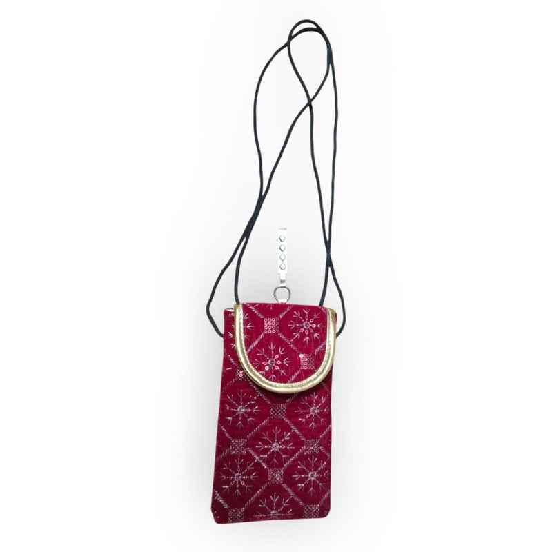 SUMERA WARQ Velvet Mobile Phone Pouch, Snowflake Embroidered Pattern, Multicolor with Gold Trim, Sling and Clip (Pink) - Image 3