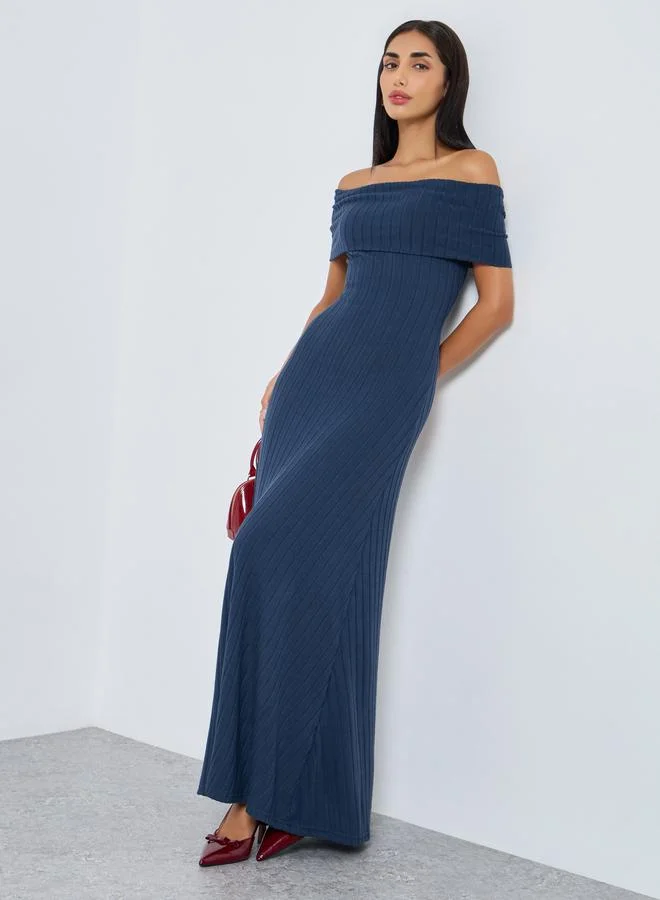 Styli Navy Blue Bardot Neck Ribbed Maxi Dress