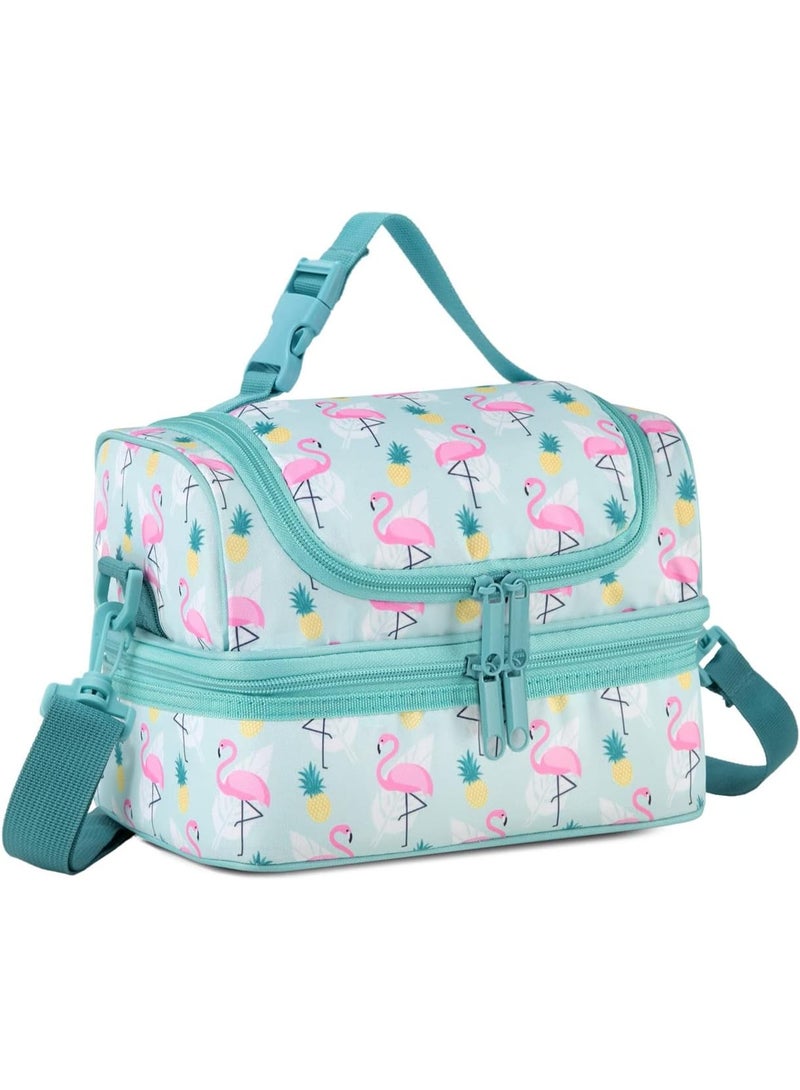 VASCHY Lunch Box Bag Kids, Insulated Two Compartments Cooler Bags Girls/Women w Shoulder Strap for School,Daycare,Kindergarten,Picnic Flamingo - Image 1