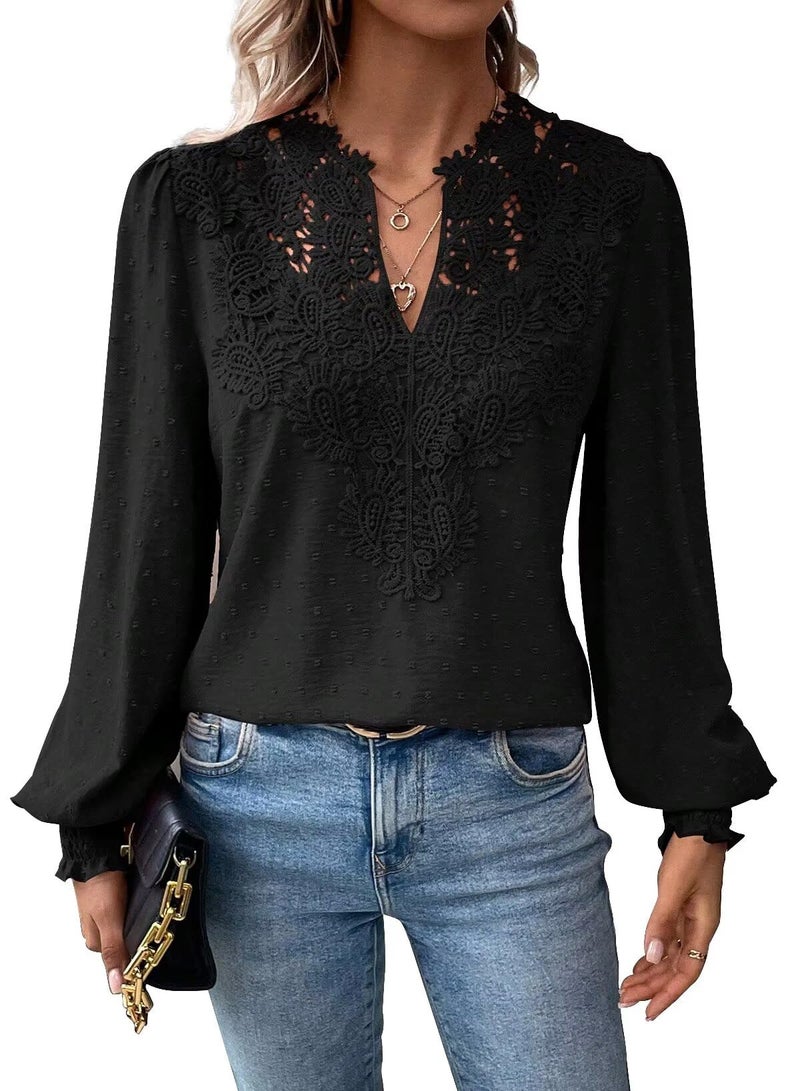 Falechay Spring Womens Tops Dressy Casual V Neck Womens Lace Crochet Tunic Tops Long Sleeve Shirts Boho Blouses For Women Black Plus Size Xl - Image 1