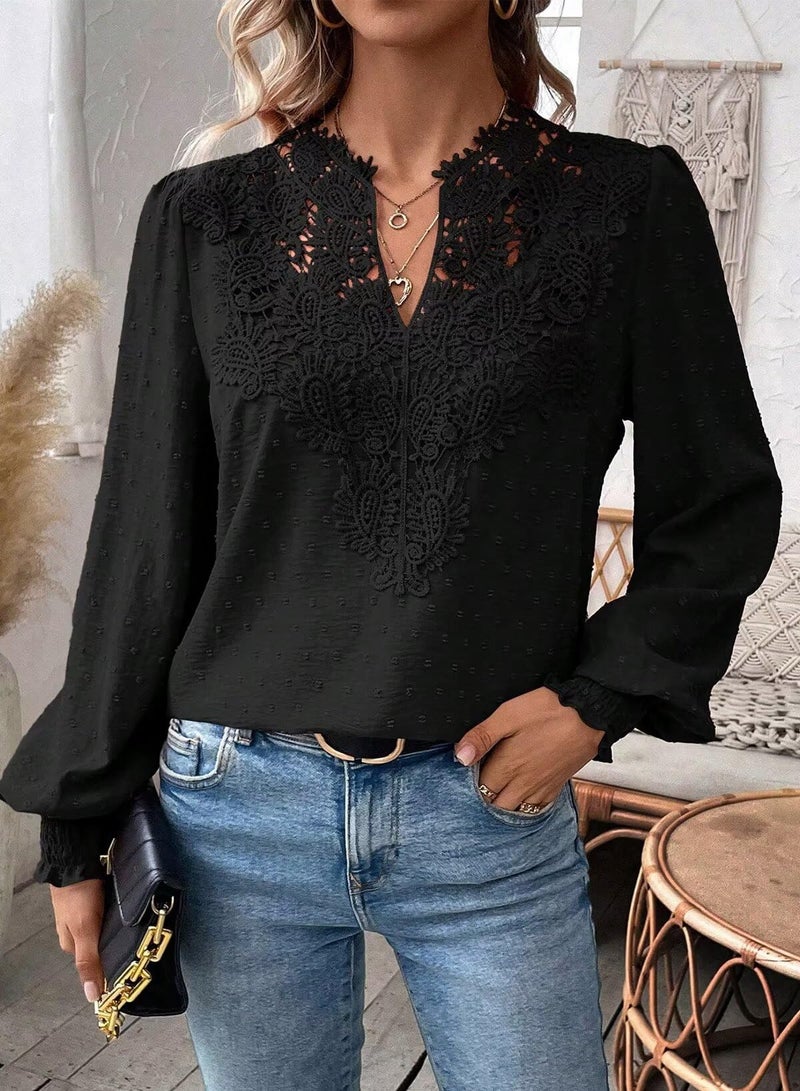Falechay Spring Womens Tops Dressy Casual V Neck Womens Lace Crochet Tunic Tops Long Sleeve Shirts Boho Blouses For Women Black Plus Size Xl - Image 2