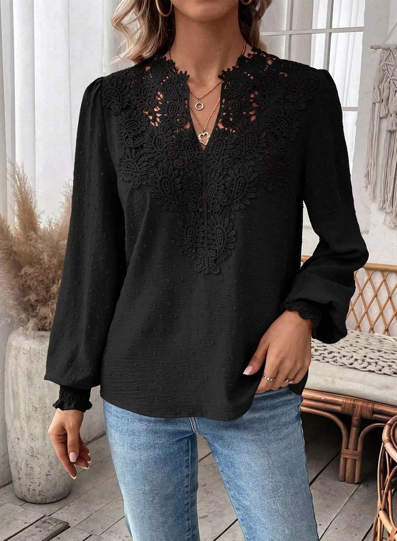 Falechay Spring Womens Tops Dressy Casual V Neck Womens Lace Crochet Tunic Tops Long Sleeve Shirts Boho Blouses For Women Black Plus Size Xl - Image 4