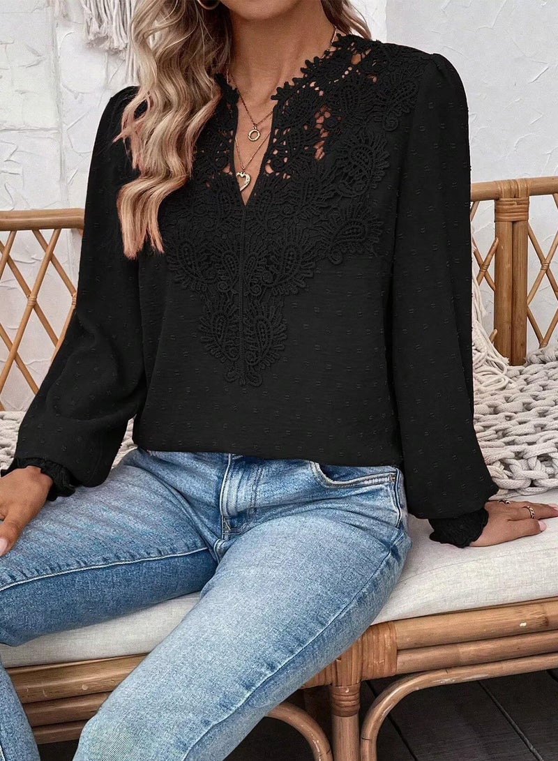 Falechay Spring Womens Tops Dressy Casual V Neck Womens Lace Crochet Tunic Tops Long Sleeve Shirts Boho Blouses For Women Black Plus Size Xl - Image 3