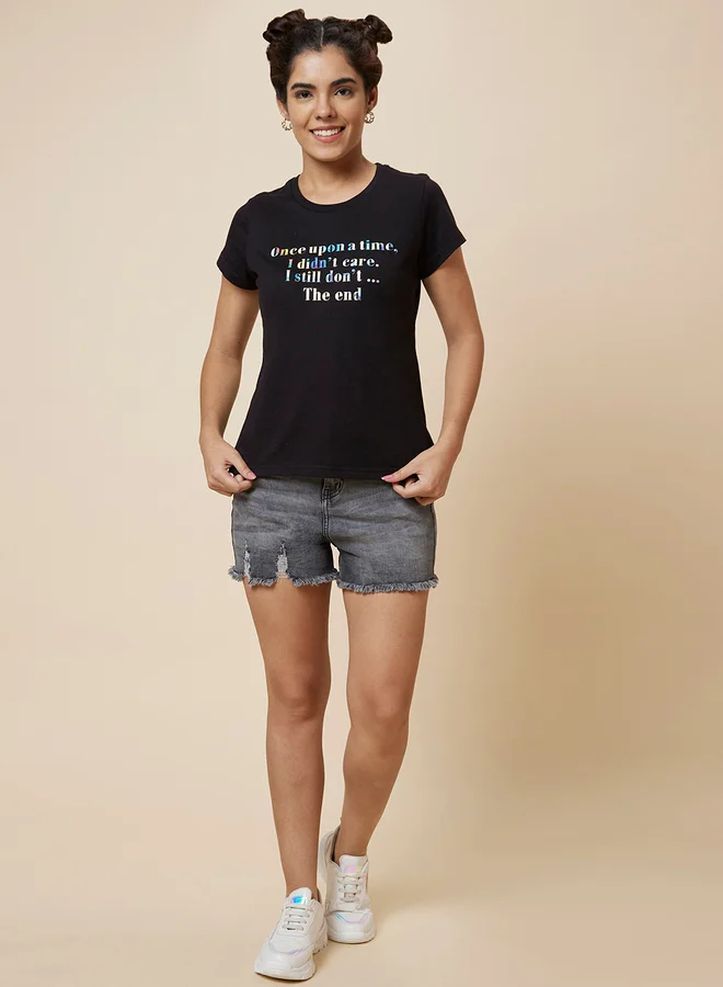 globus Slogan Print Round Neck Cotton T-Shirt