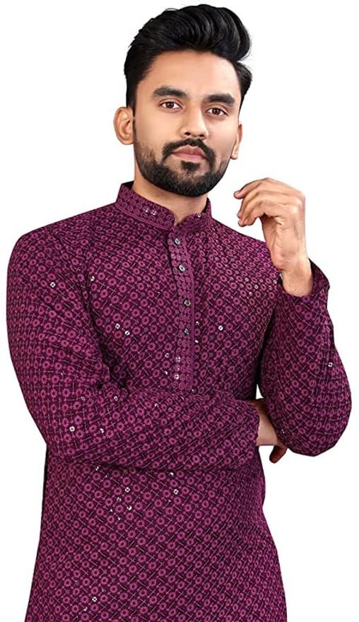 LookMark Present Men's Pure Rayon Chikankari Sequins Kurta||Men's Chikankari Purple Coloured Kurta|| AZ-LM-OG-Kurta 11 Purple-XL - Image 2