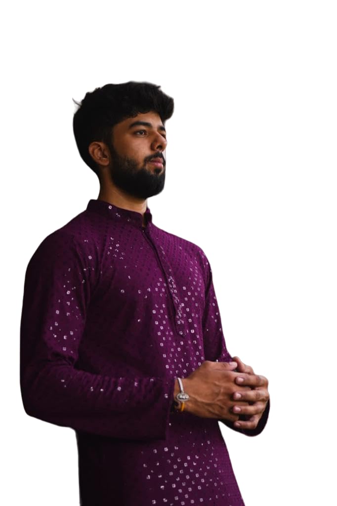 LookMark Present Men's Pure Rayon Chikankari Sequins Kurta||Men's Chikankari Purple Coloured Kurta|| AZ-LM-OG-Kurta 11 Purple-XL - Image 1