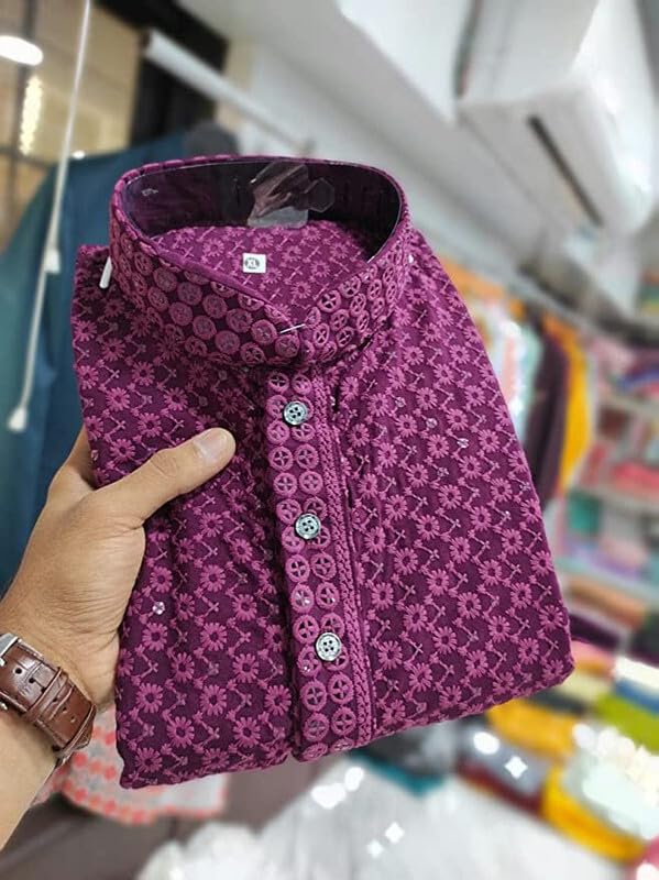 LookMark Present Men's Pure Rayon Chikankari Sequins Kurta||Men's Chikankari Purple Coloured Kurta|| AZ-LM-OG-Kurta 11 Purple-XL - Image 5