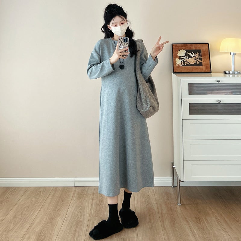 Internet Celebrant Fashionable Age-reducing Maternity Clothes Thickened Pregnant Womens Sweater Knitted Pregnant Womens dress New Pregnant Womens Base Skirt Gray dress 