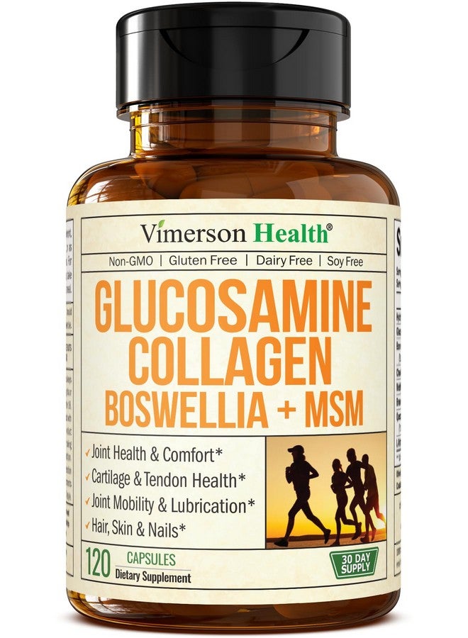 Vimerson Health Glucosamine Chondroitin MSM with Collagen Powder. Joint Support Supplement. Bromelain, Quercetin, L-Methionine & Boswellia Extract capsules. Hair Skin and Nails Vitamins. FSA eligible. 120 caps  - Image 1