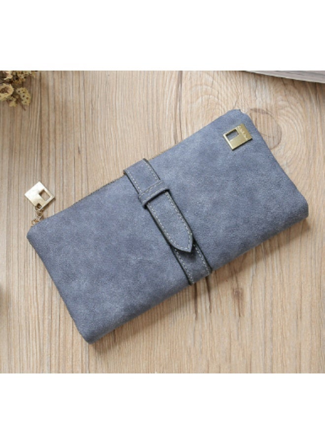 محفظة ذات سعة كبيرة ذات حافظة نقود نسائية ذات سعة كبيرة، جلد صنفرة متعدد الفتحات للبطاقات، ذات تصميم طويل بسحاب (رمادي) - Image 2