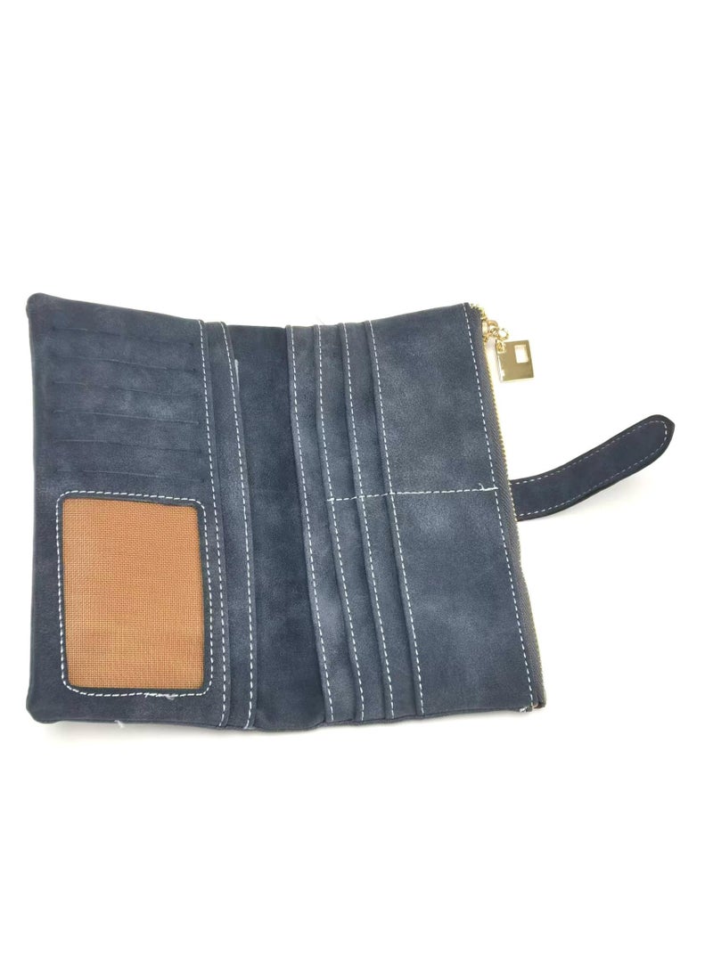 محفظة ذات سعة كبيرة ذات حافظة نقود نسائية ذات سعة كبيرة، جلد صنفرة متعدد الفتحات للبطاقات، ذات تصميم طويل بسحاب (رمادي) - Image 5