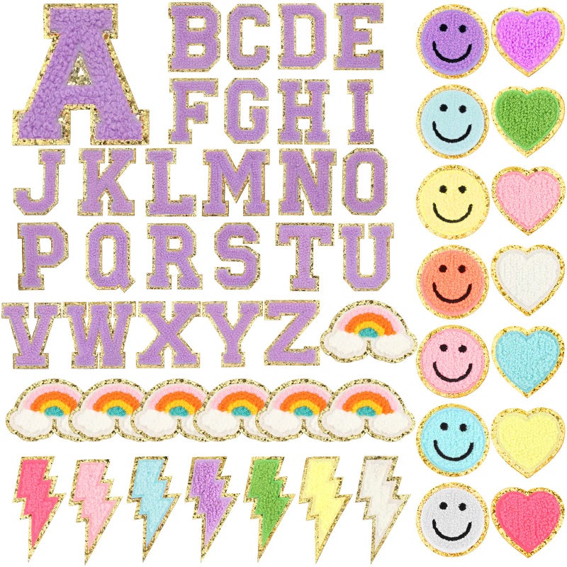 Geosar 54 Pcs Self Adhesive Chenille Letters Patches Glitter Rainbow Preppy Cute Sew Patches Christmas Letter Craft for DIY Clothing Backpack Bag217 InchPurple Letter