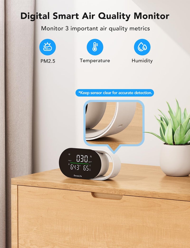 GoveeLife Smart Air Quality Monitor, Indoor Air Quality Meter Detects PM2.5, Temperature, and Humidity, with LED Air Quality Indicator and Clock, Type-C Cable Required, (H5106) - Image 3
