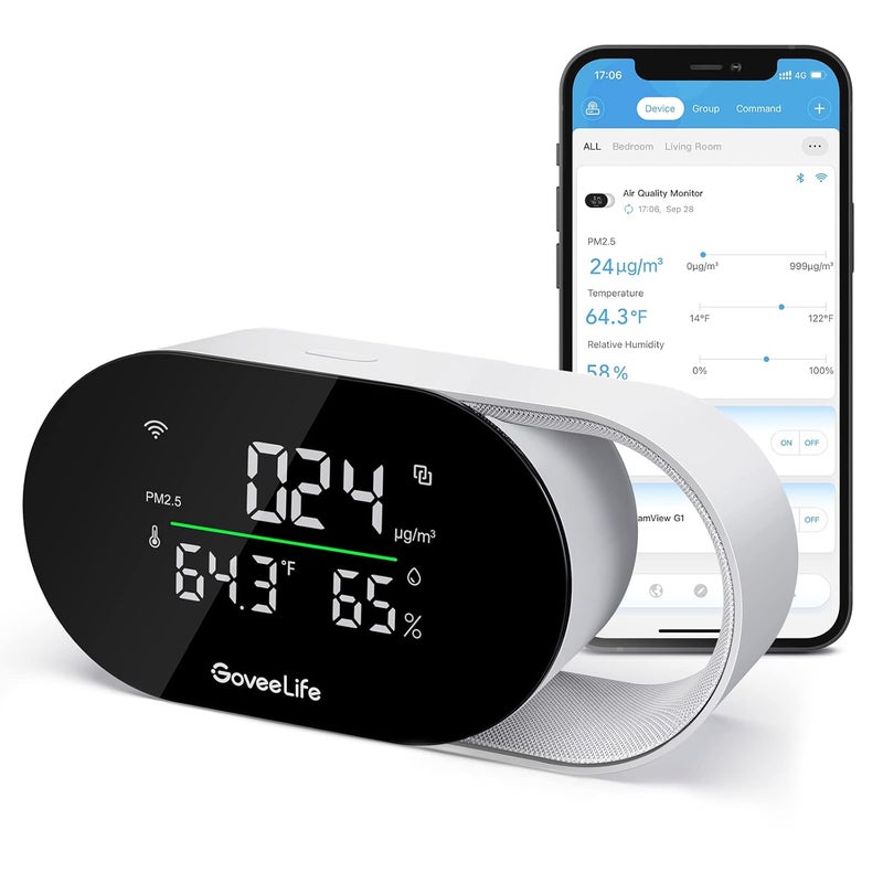 GoveeLife Smart Air Quality Monitor, Indoor Air Quality Meter Detects PM2.5, Temperature, and Humidity, with LED Air Quality Indicator and Clock, Type-C Cable Required, (H5106) - Image 1