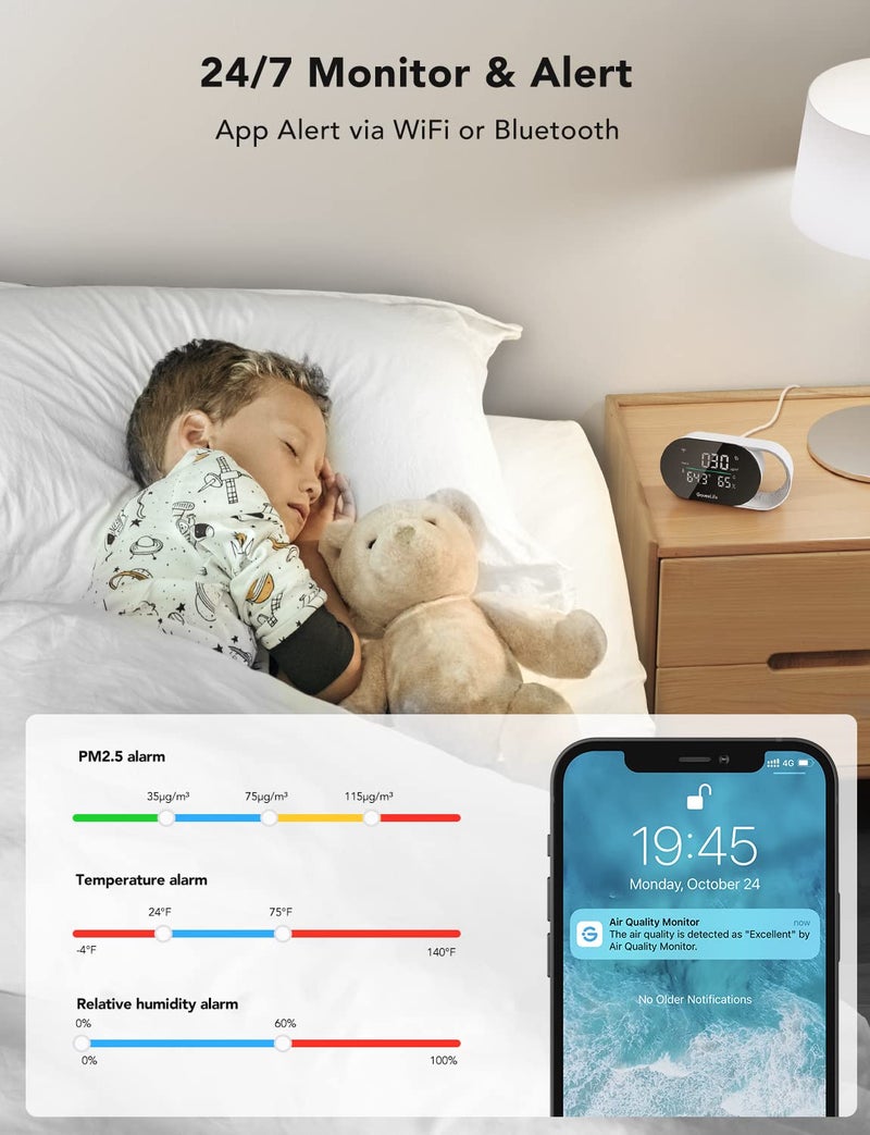 GoveeLife Smart Air Quality Monitor, Indoor Air Quality Meter Detects PM2.5, Temperature, and Humidity, with LED Air Quality Indicator and Clock, Type-C Cable Required, (H5106) - Image 4