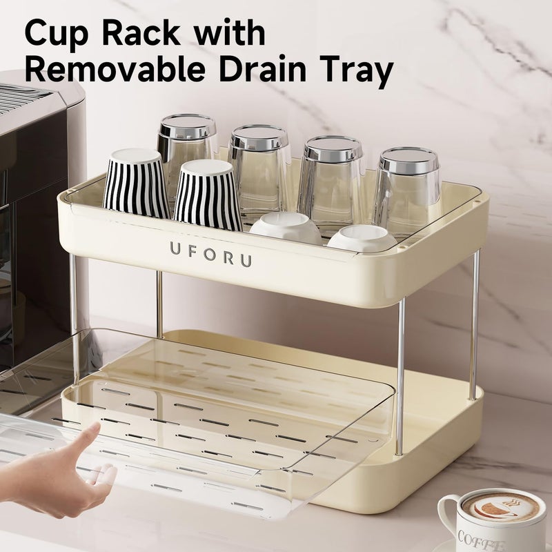 UFORU Countertop Coffee Station Organizer, 2 Tier Wine Glass Holder, Mug Shelf with Removable Drain Tray, Spice Rack for Kitchen, Bathroom Countertop Organizer, Cream White - Image 4