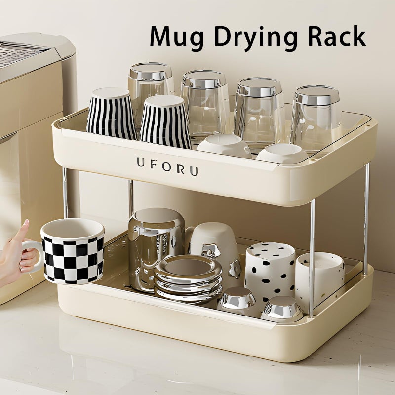 UFORU Countertop Coffee Station Organizer, 2 Tier Wine Glass Holder, Mug Shelf with Removable Drain Tray, Spice Rack for Kitchen, Bathroom Countertop Organizer, Cream White - Image 3