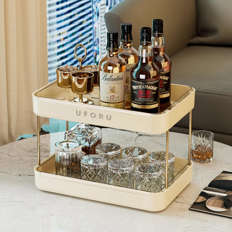 UFORU Countertop Coffee Station Organizer, 2 Tier Wine Glass Holder, Mug Shelf with Removable Drain Tray, Spice Rack for Kitchen, Bathroom Countertop Organizer, Cream White - Image 5