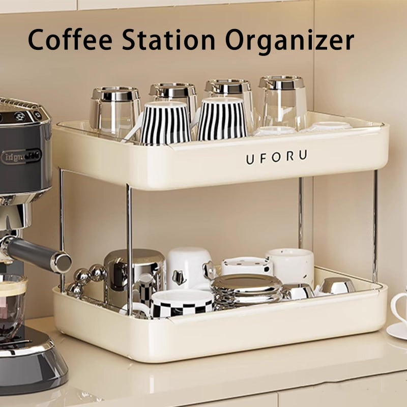 UFORU Countertop Coffee Station Organizer, 2 Tier Wine Glass Holder, Mug Shelf with Removable Drain Tray, Spice Rack for Kitchen, Bathroom Countertop Organizer, Cream White - Image 2