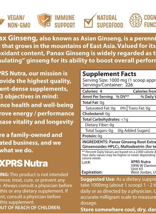 XPRS Nutra - Ginseng Root Extract Powder - Ginseng Powder Supports Cognitive Function, Physical Performance, and Immune System - Vegan Friendly Panax Ginseng in Powder Form (8 Ounce) - Image 1