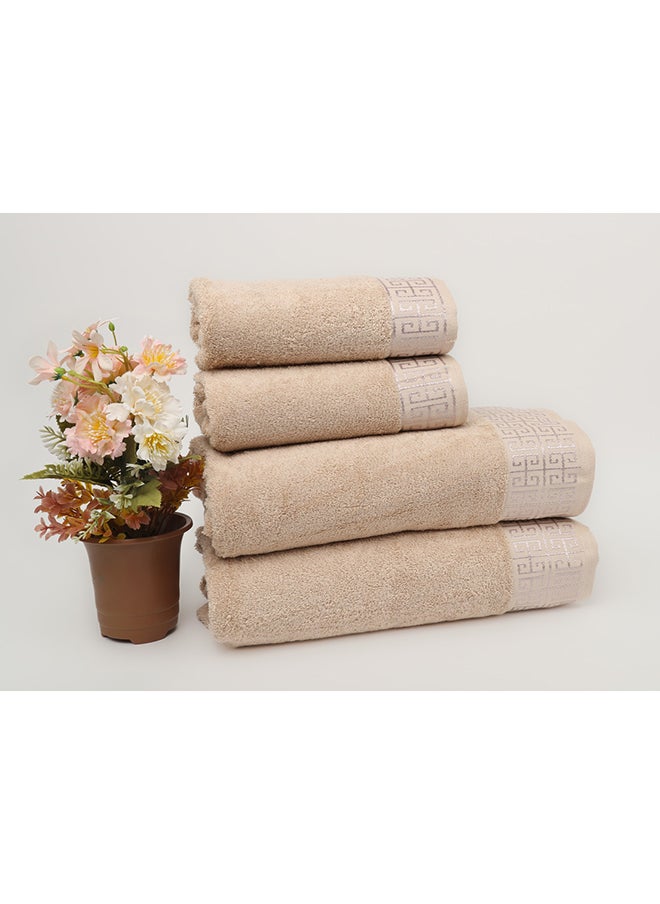 White Rose - Towel 4 Piece Bathroom  Set - GREEKY - 500 GSM - 100% Cotton Terry - Jacquard Border- 2 Bath  70X140 cm & 2 Hand  50x90 cm- Luxury Touch - Extra Absorbent- Cream - Image 1