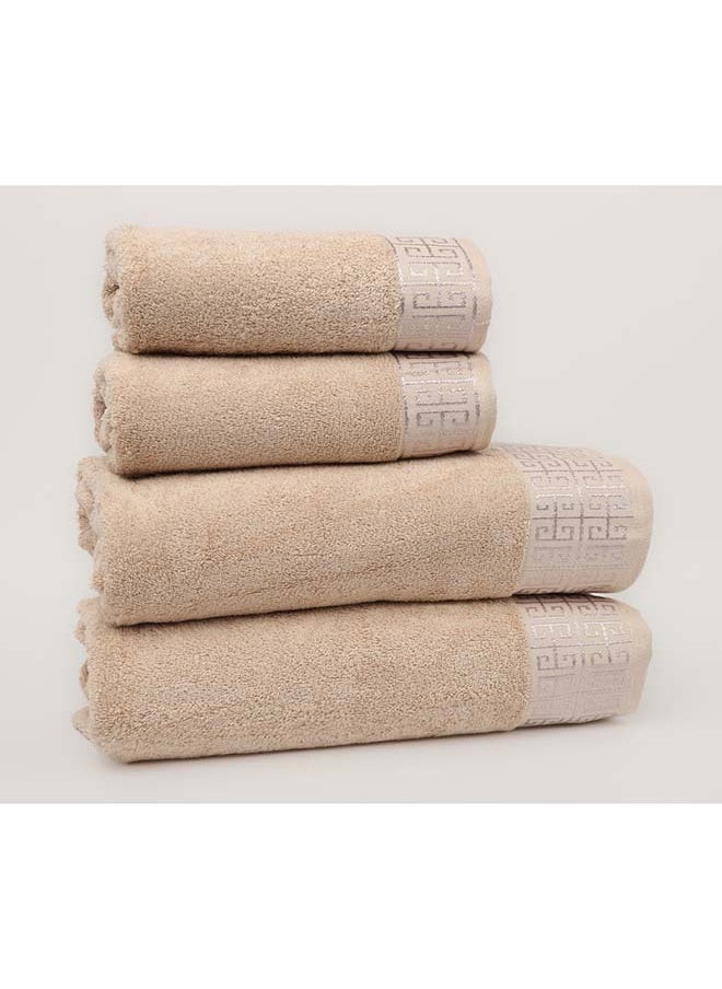 White Rose - Towel 4 Piece Bathroom  Set - GREEKY - 500 GSM - 100% Cotton Terry - Jacquard Border- 2 Bath  70X140 cm & 2 Hand  50x90 cm- Luxury Touch - Extra Absorbent- Cream - Image 1