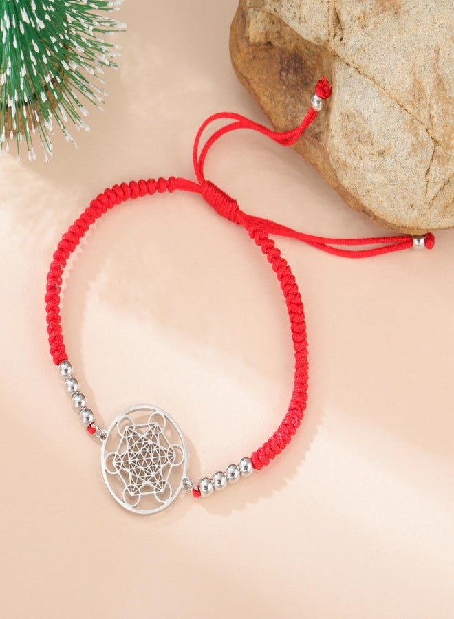 EUEAVAN Metatrons Cube Bracelet Adjustable Beaded Couple Sacred Geometry Bracelet Archangel Handmade Braided Rope Lucky Red String Bracelet kabbalah Amulet Statement Jewelry (silver-red) - Image 4