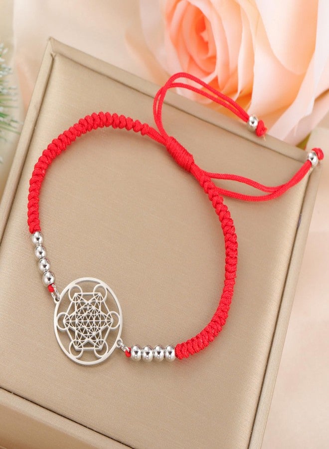 EUEAVAN Metatrons Cube Bracelet Adjustable Beaded Couple Sacred Geometry Bracelet Archangel Handmade Braided Rope Lucky Red String Bracelet kabbalah Amulet Statement Jewelry (silver-red) - Image 3