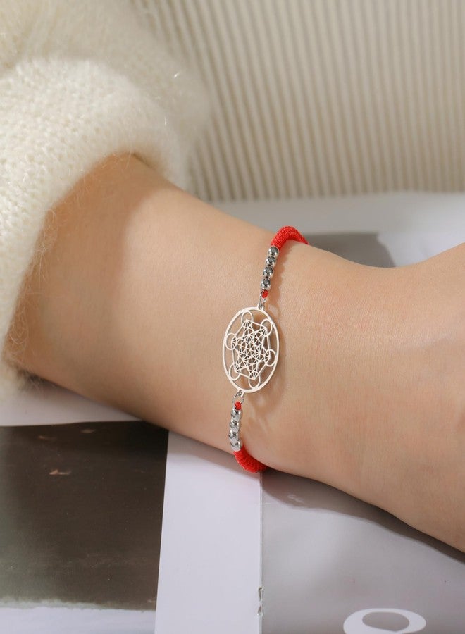 EUEAVAN Metatrons Cube Bracelet Adjustable Beaded Couple Sacred Geometry Bracelet Archangel Handmade Braided Rope Lucky Red String Bracelet kabbalah Amulet Statement Jewelry (silver-red) - Image 2