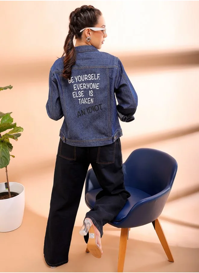 مرفوعة Women Street Slim Fit Long Sleeve Back Printed Crop Denim Jacket