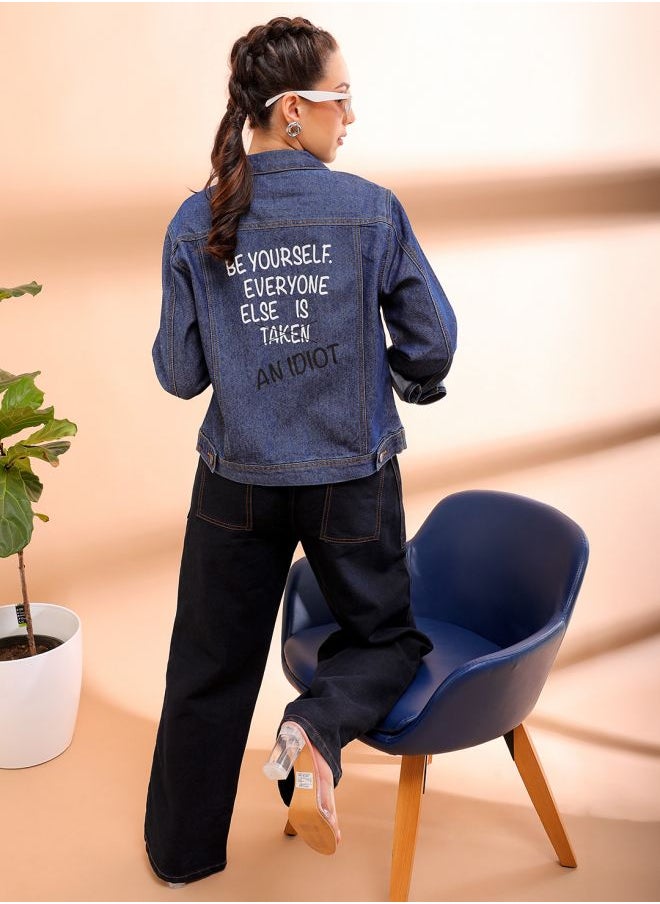 Freehand Women Street Slim Fit Long Sleeve Back Printed Crop Denim Jacket 