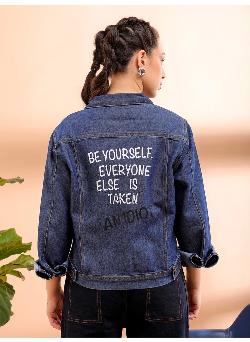 مرفوعة Women Street Slim Fit Long Sleeve Back Printed Crop Denim Jacket