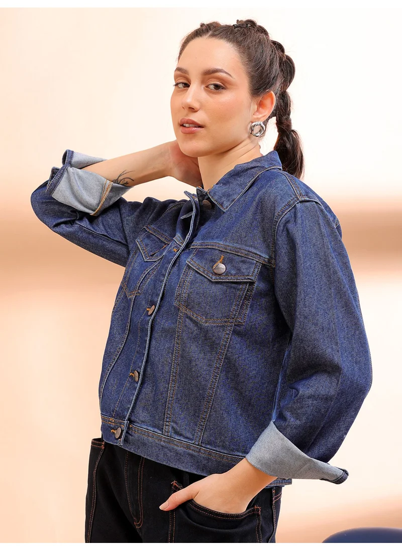 مرفوعة Women Street Slim Fit Long Sleeve Back Printed Crop Denim Jacket