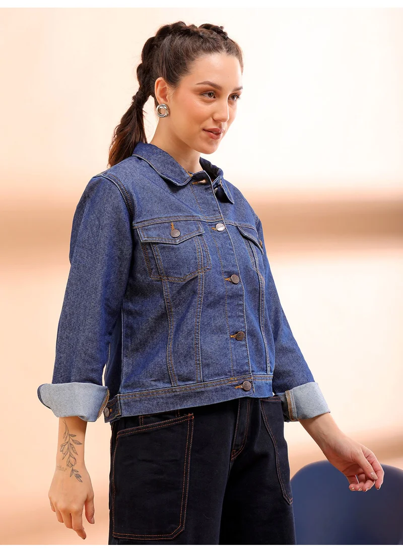 مرفوعة Women Street Slim Fit Long Sleeve Back Printed Crop Denim Jacket