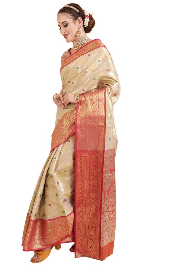 EthnicJunction ساري نسائي من مزيج الحرير الباناراسي مع قطعة بلوزة غير مخيطة (EJ7064-Upasana-Cream_Cream) - Image 2