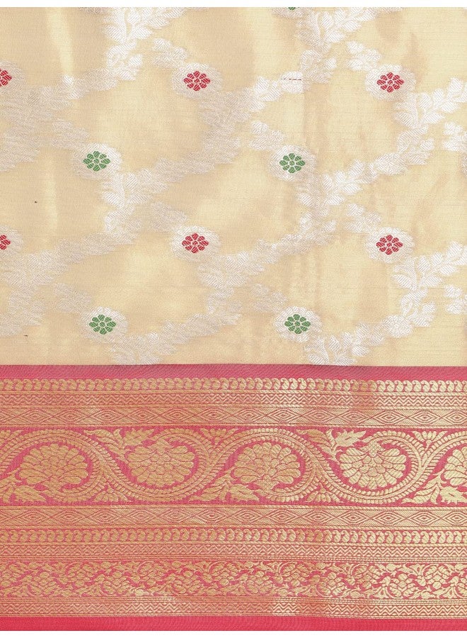 EthnicJunction ساري نسائي من مزيج الحرير الباناراسي مع قطعة بلوزة غير مخيطة (EJ7064-Upasana-Cream_Cream) - Image 5