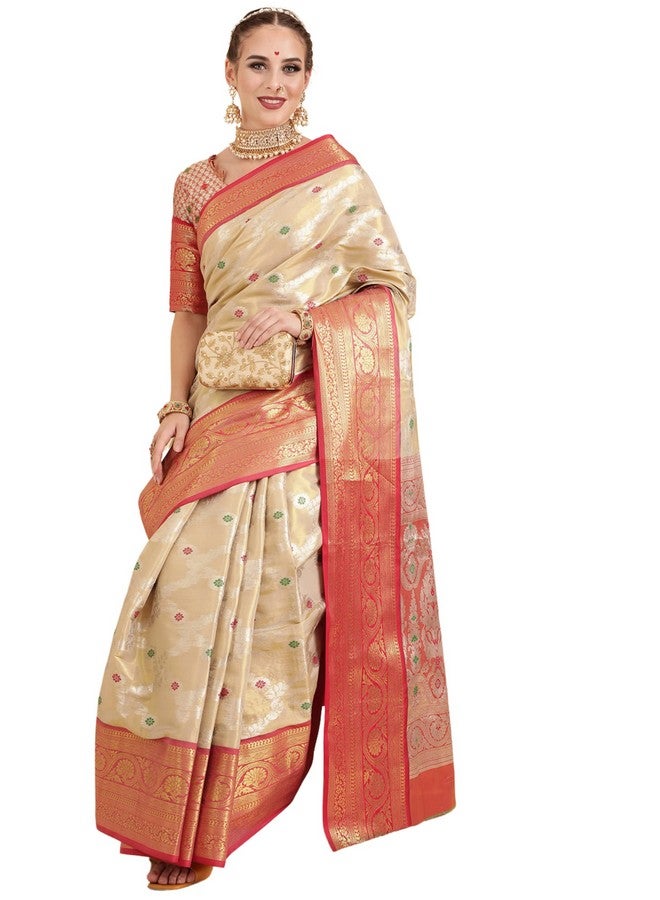 EthnicJunction ساري نسائي من مزيج الحرير الباناراسي مع قطعة بلوزة غير مخيطة (EJ7064-Upasana-Cream_Cream) - Image 1