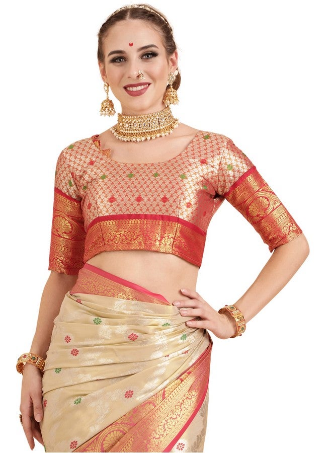 EthnicJunction ساري نسائي من مزيج الحرير الباناراسي مع قطعة بلوزة غير مخيطة (EJ7064-Upasana-Cream_Cream) - Image 4