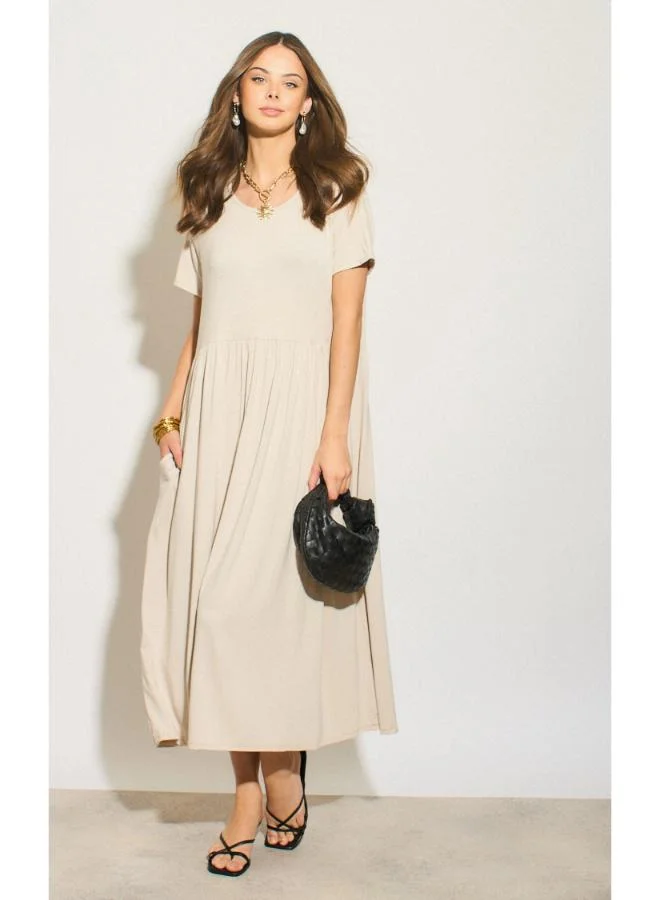 Hoxton Gal Beige Tiered Midi Dress Round Neck, Short Sleeves & Relaxed Fit