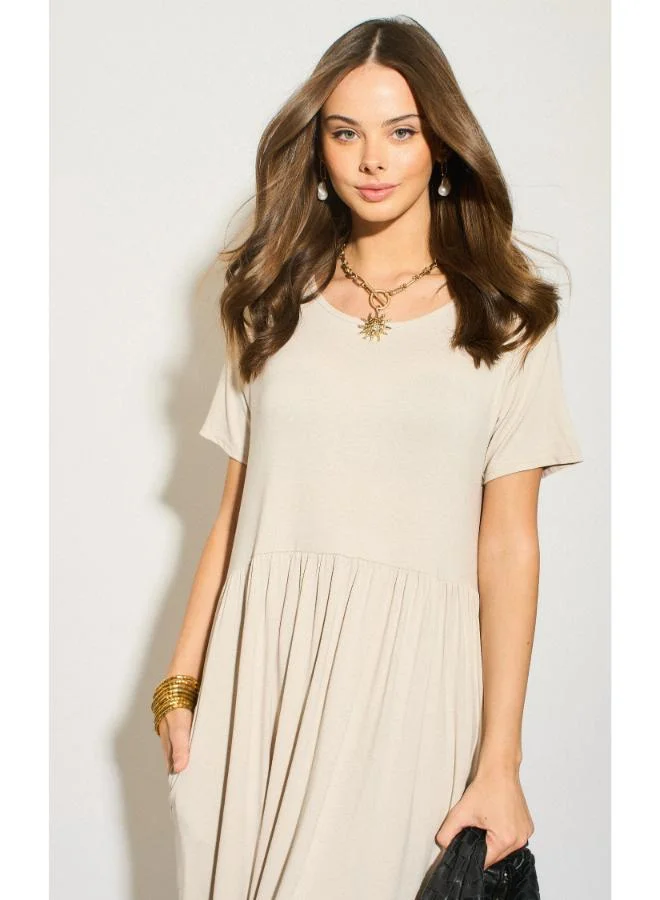 Hoxton Gal Beige Tiered Midi Dress Round Neck, Short Sleeves & Relaxed Fit